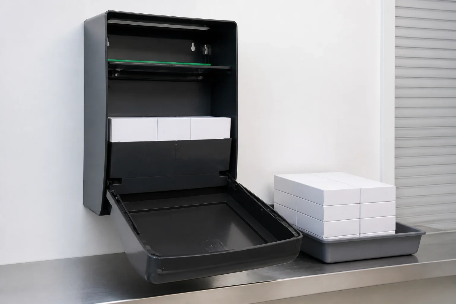 Öppen kondomautomat under påfyllning med en bricka omärkta förpackningar bredvid